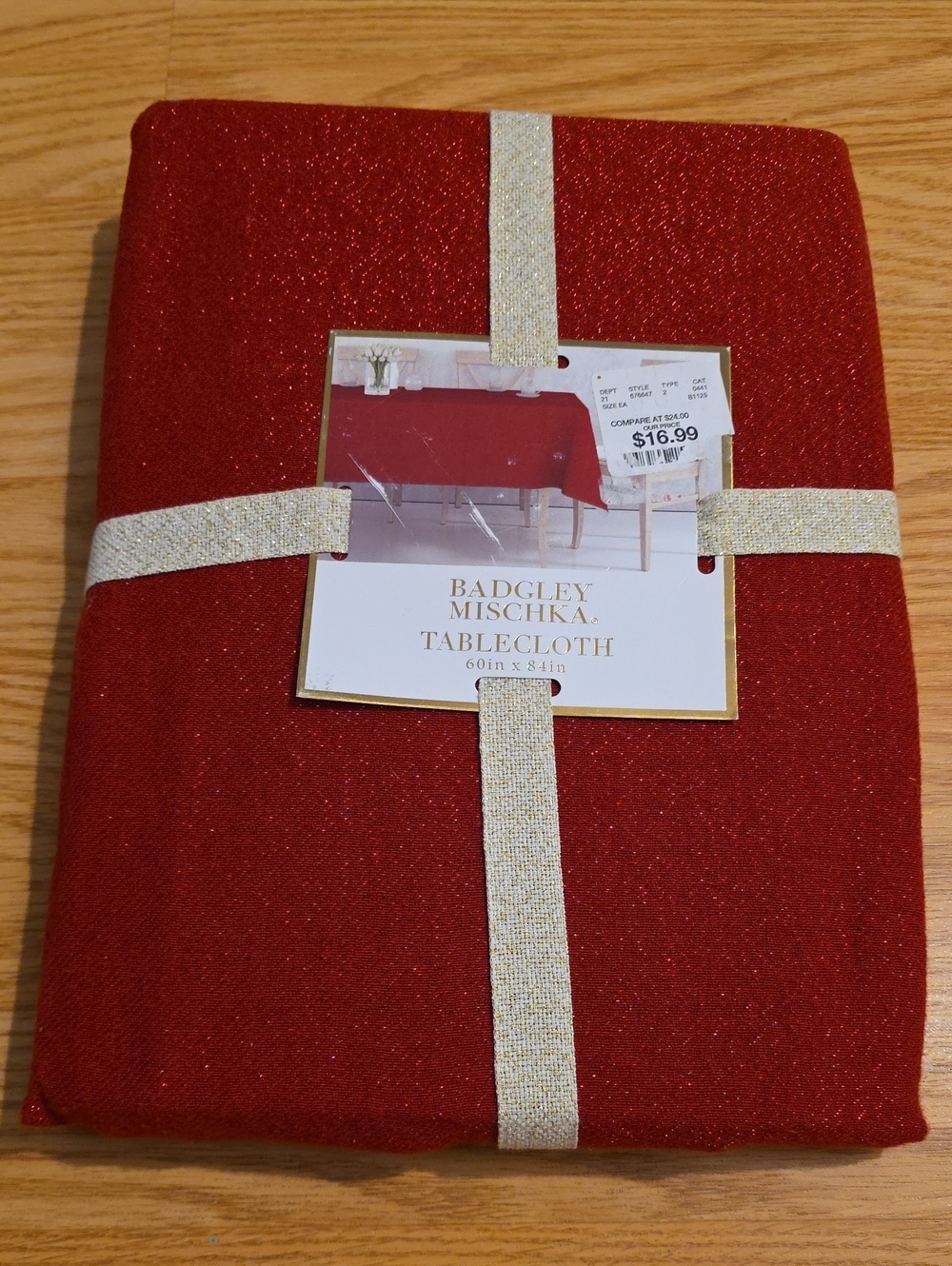 Badgley Mischka Sparkling Red Tablecloth with Gold Ribbon